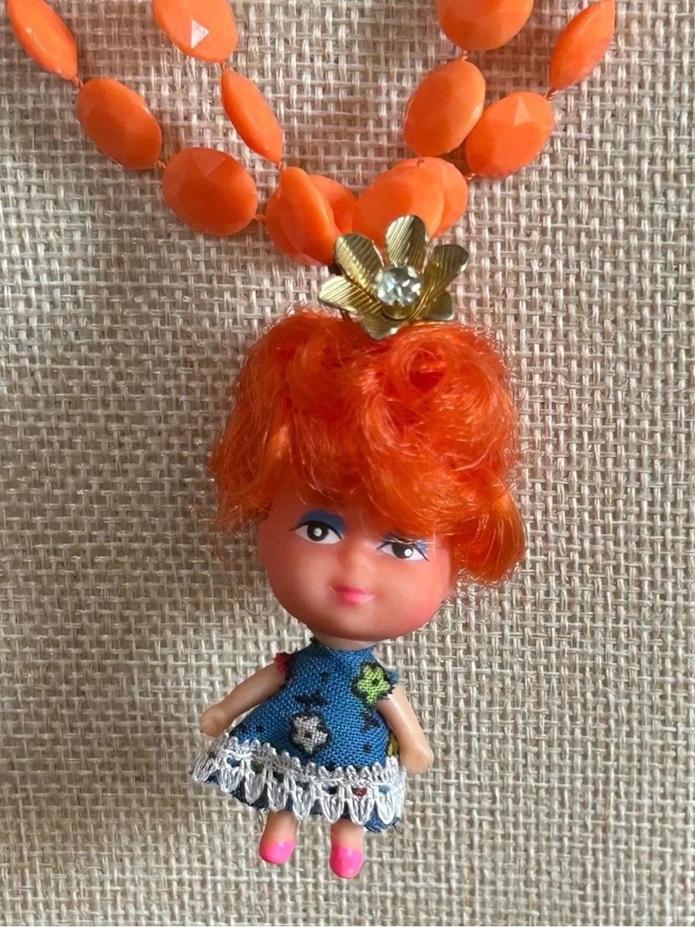 Vintage Deadstock Kiddle Clone Red Hair Doll Assemblage Necklace.  One of a Kind